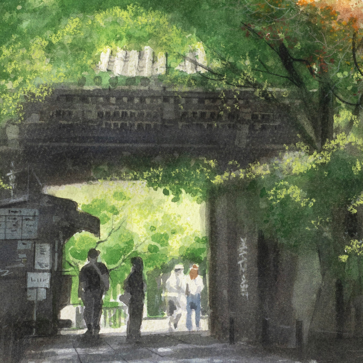 The temple gate and sunlight filtering through the trees